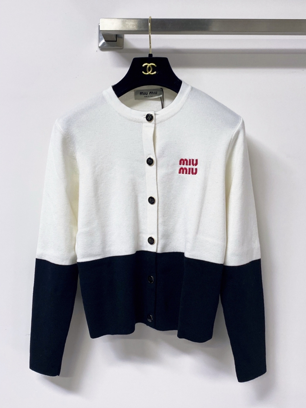 Miu Miu Black White Logo Knit Cardigan